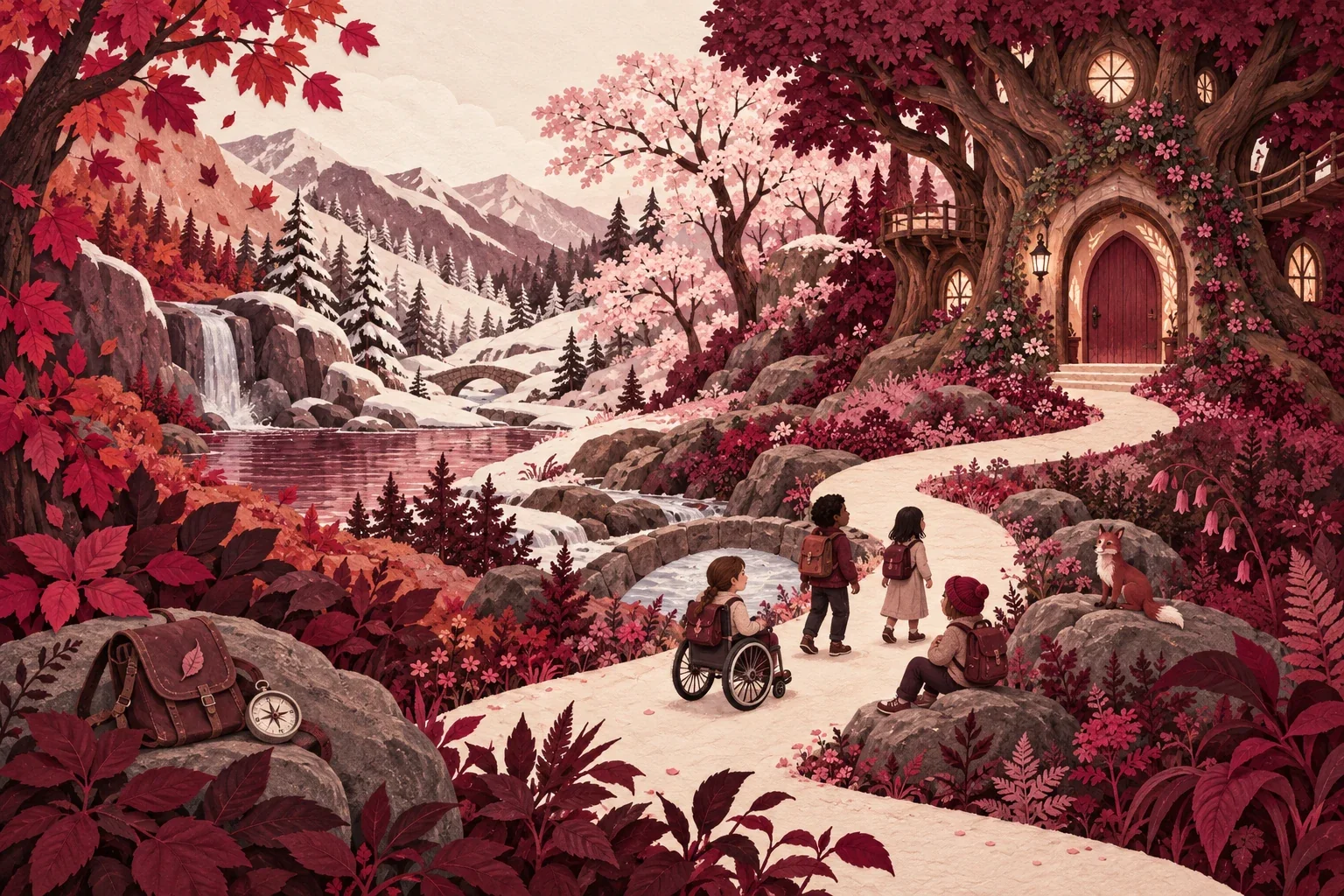 Une forêt de papier rose et bordeaux. Un sentier rejoint la porte d’une cabane dans un arbre, au milieu des enfants et d’un petit renard.